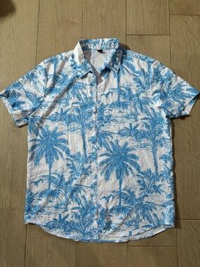 Casual Blue Palm-Print Short Sleeve Button-Down Shirt